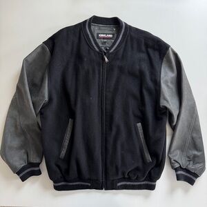 Vintage Kirkland Signature Varsity Letterman Jacket Black Wool Gray Leather - L